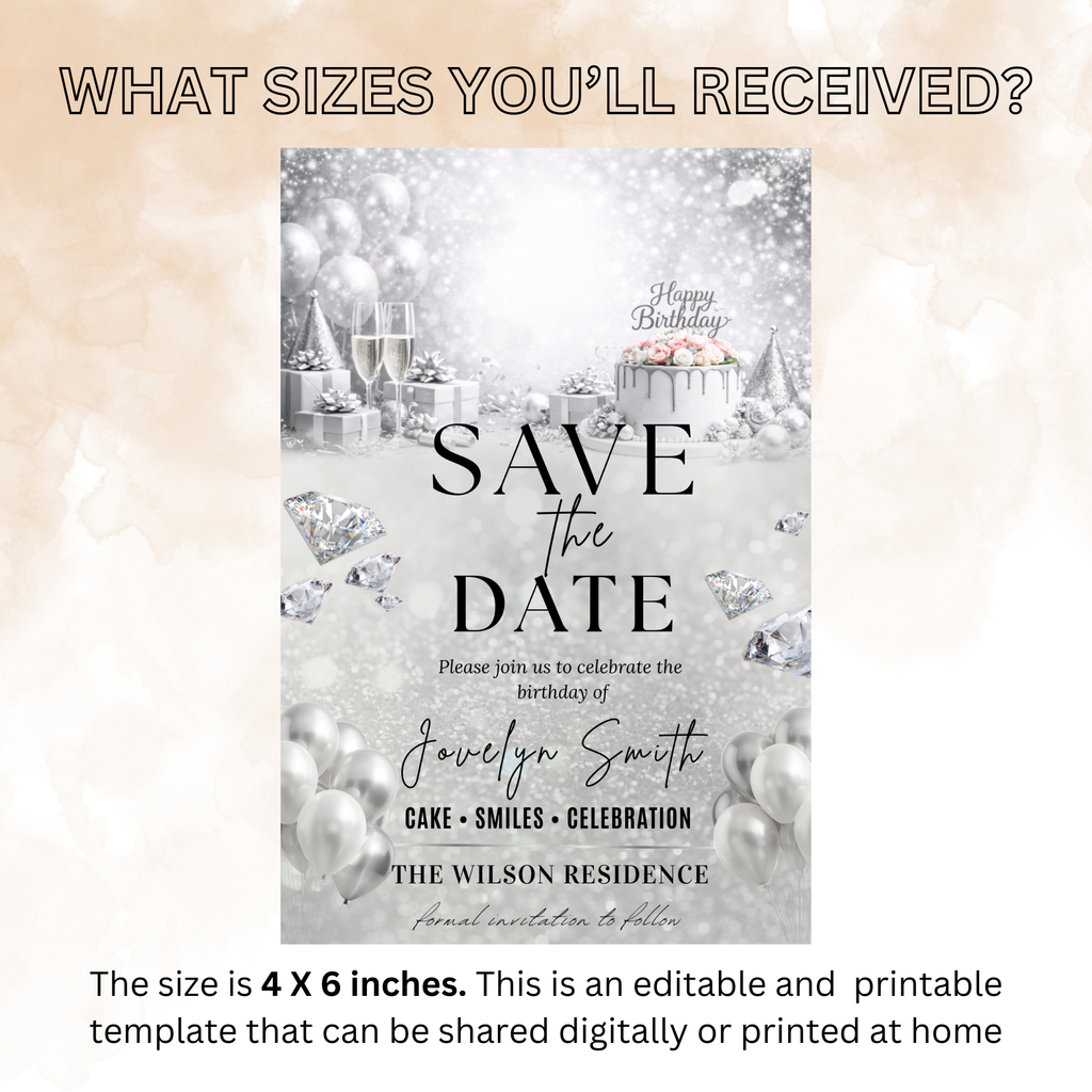 White Silver Save the Date Birthday Invitation, Diamond Jubilee Save Date Party Invite, Elegant Woman Card, Printable Digital Template