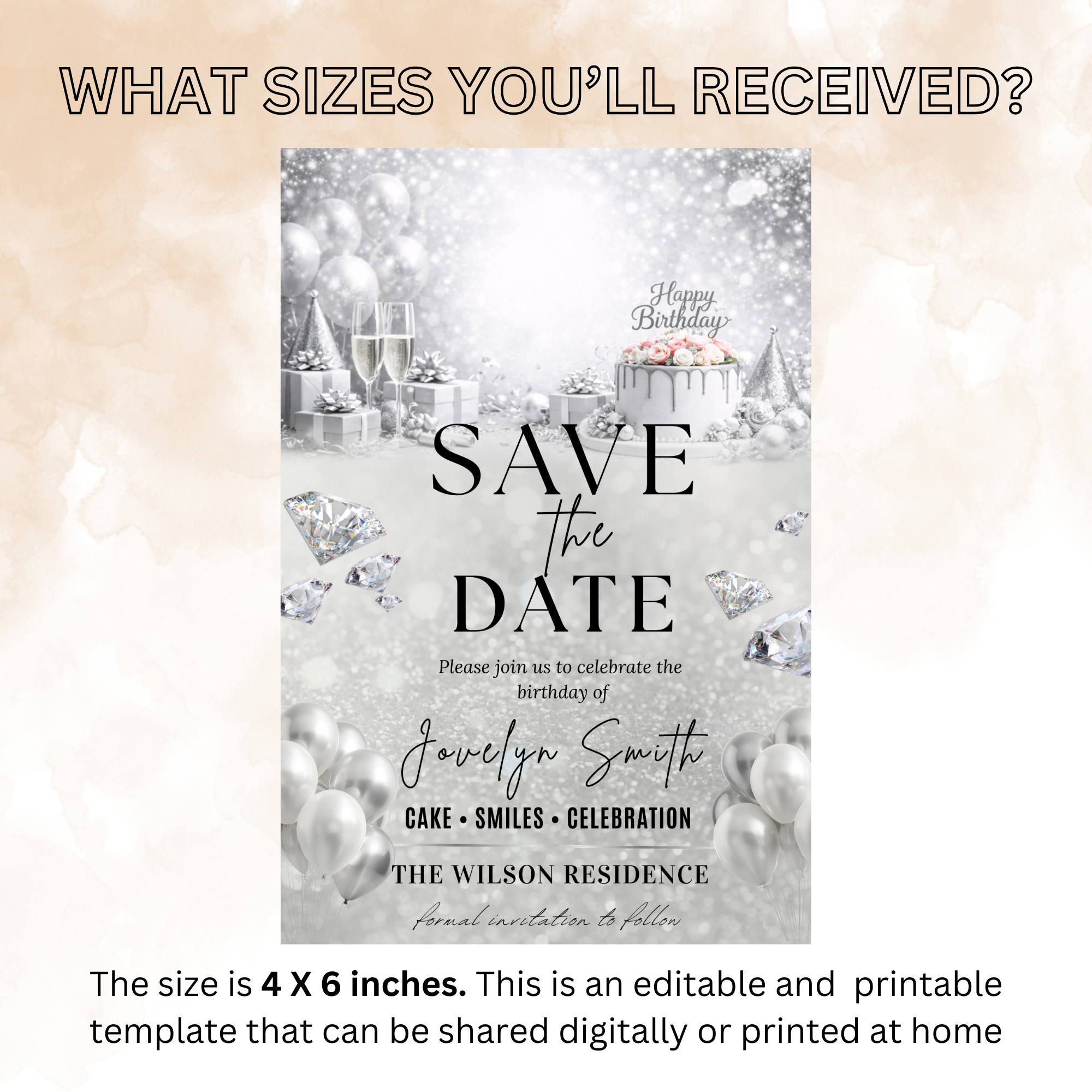 White Silver Save the Date Birthday Invitation, Diamond Jubilee Save Date Party Invite, Elegant Woman Card, Printable Digital Template