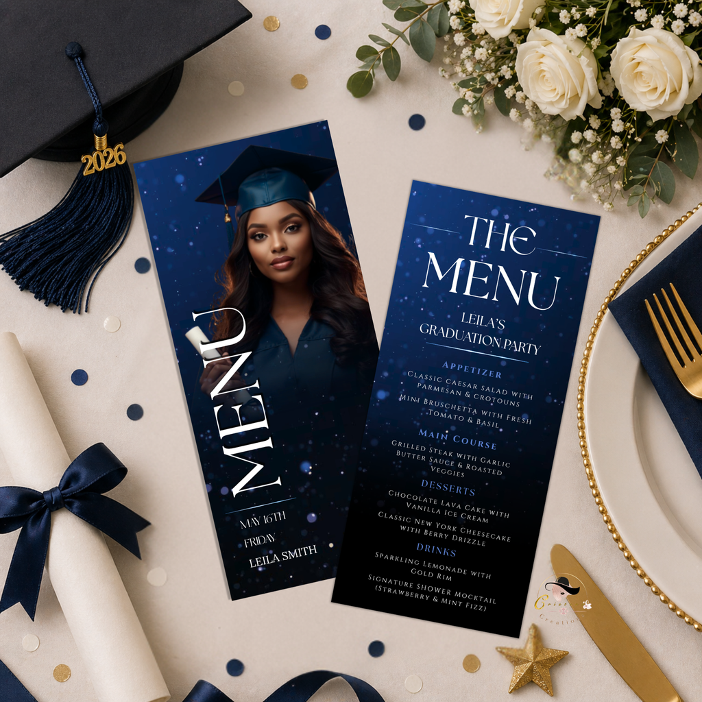 Editable Graduation Menu with Photo, Blue Grad Party Dinner Brunch Menu Card, Class of 2026 Menu For Him and Her, Printable Canva Template