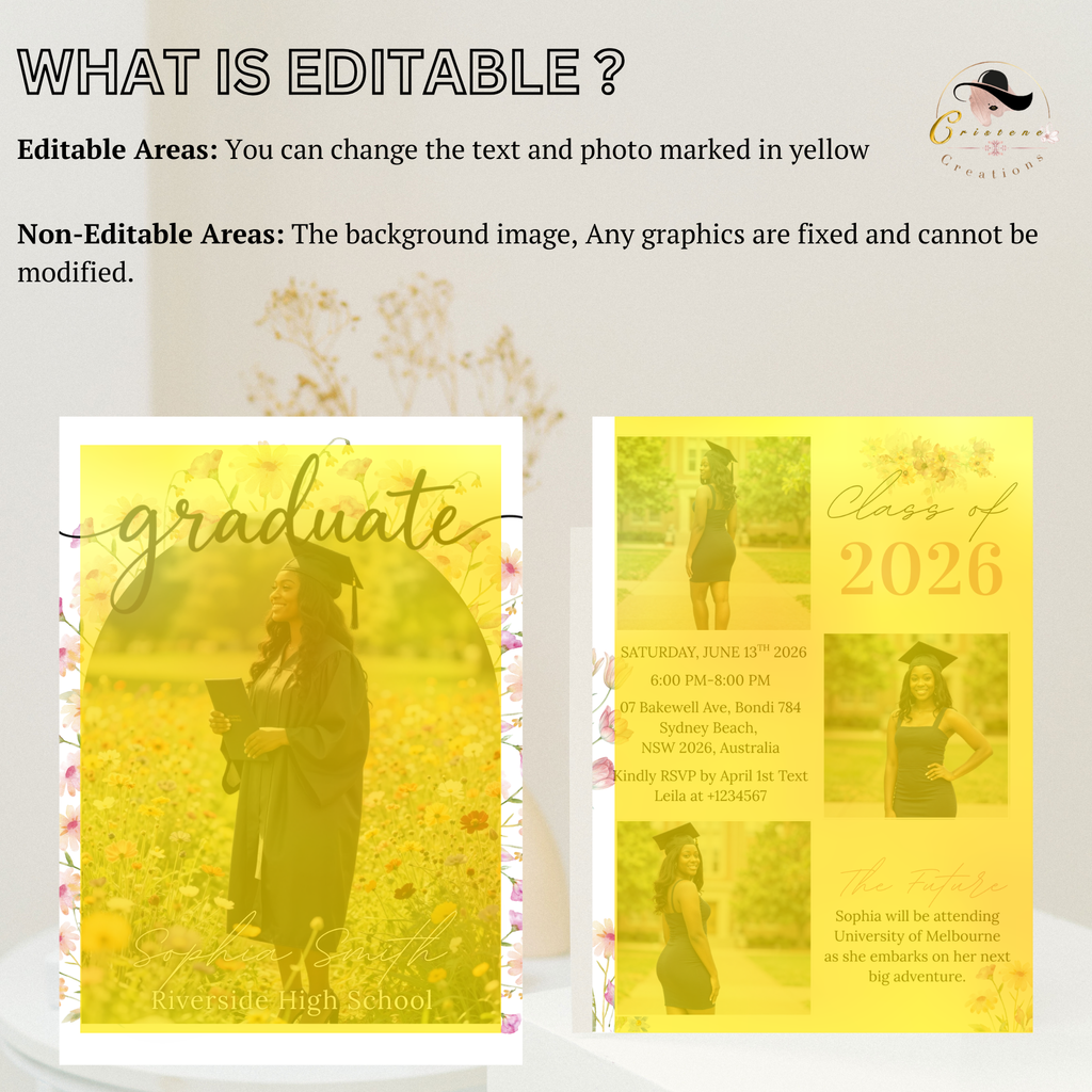 Wildflower Graduation Party Invitation, Boho Floral Senior Grad Announcement with photo invite, Girl University Graduates Printable Template