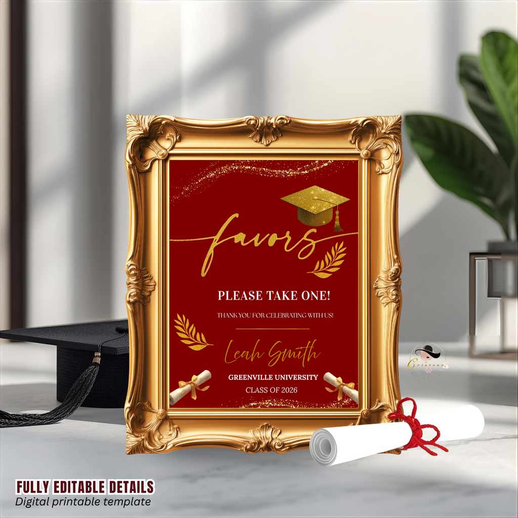 Graduation Favor Sign Template, Red Gold Grad Table Sign, Class of 2026 Party Favors Sign, High School Party Sign, Digital Printable Canva
