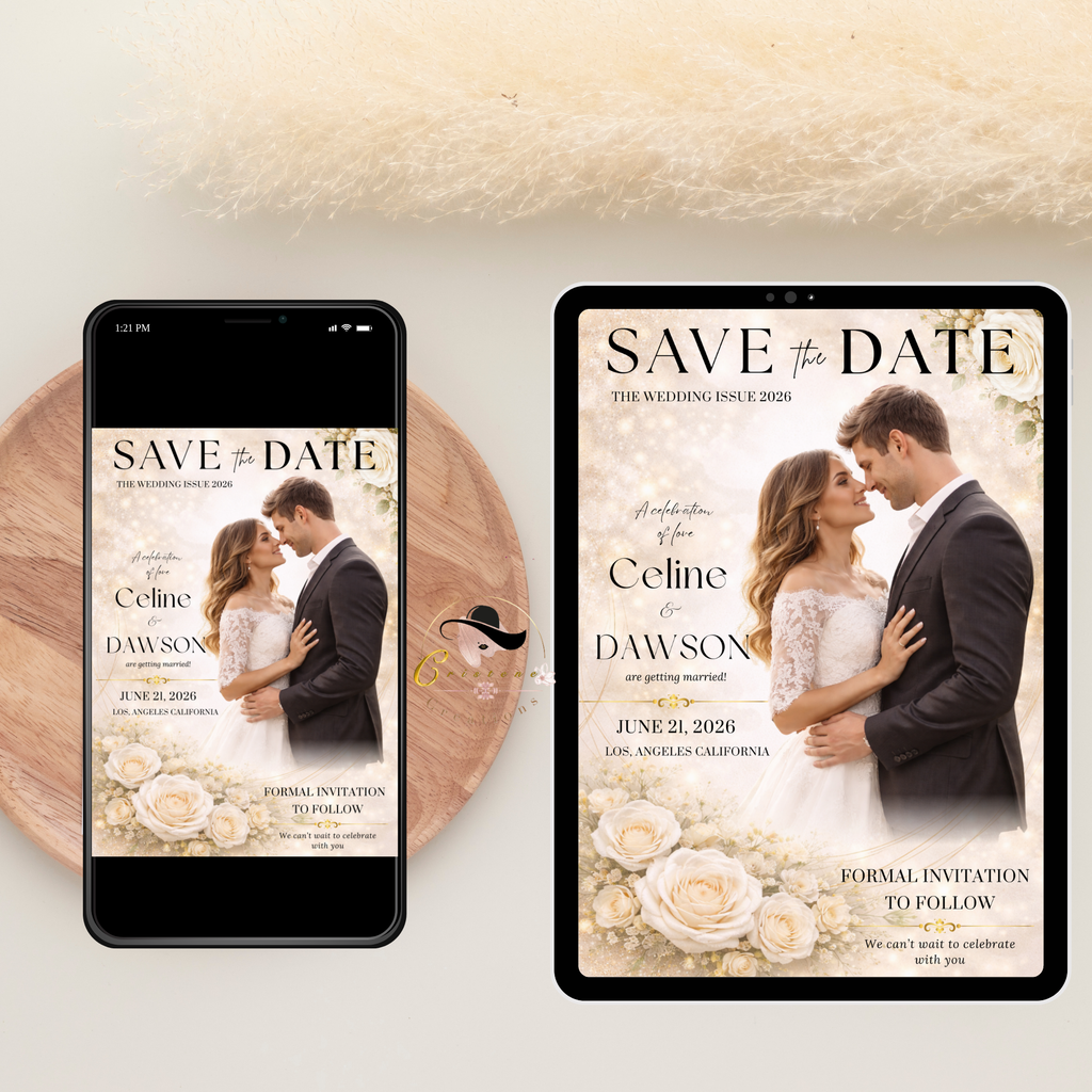Wedding Save the Date Invitation, White Gold Floral Save Date Party with photo invite, Editable Canva Printable Digital Template