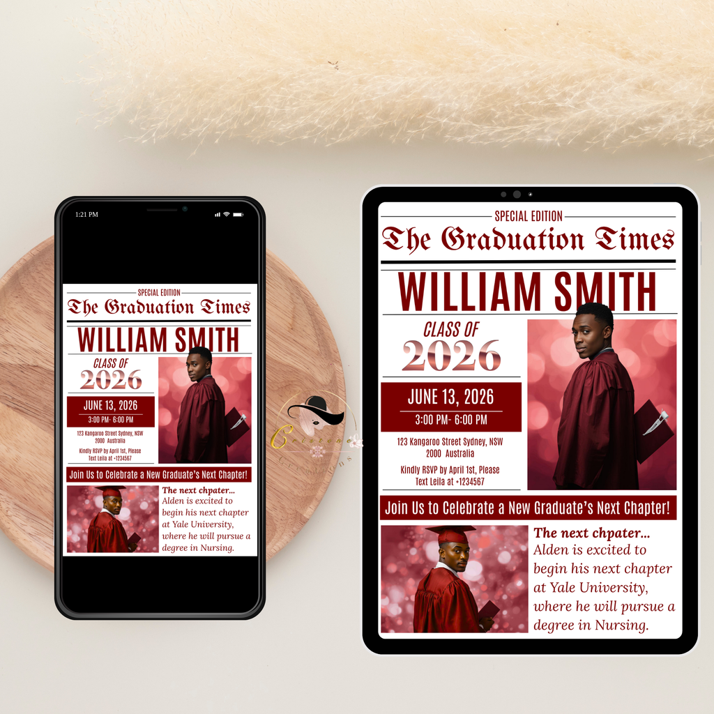 Newspaper Graduation Invitation with Photo, Senior High School Grad Invite for Boy and Girl, Class of 2026, Red Maroon Canva Template
