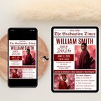 Newspaper Graduation Invitation with Photo, Senior High School Grad Invite for Boy and Girl, Class of 2026, Red Maroon Canva Template