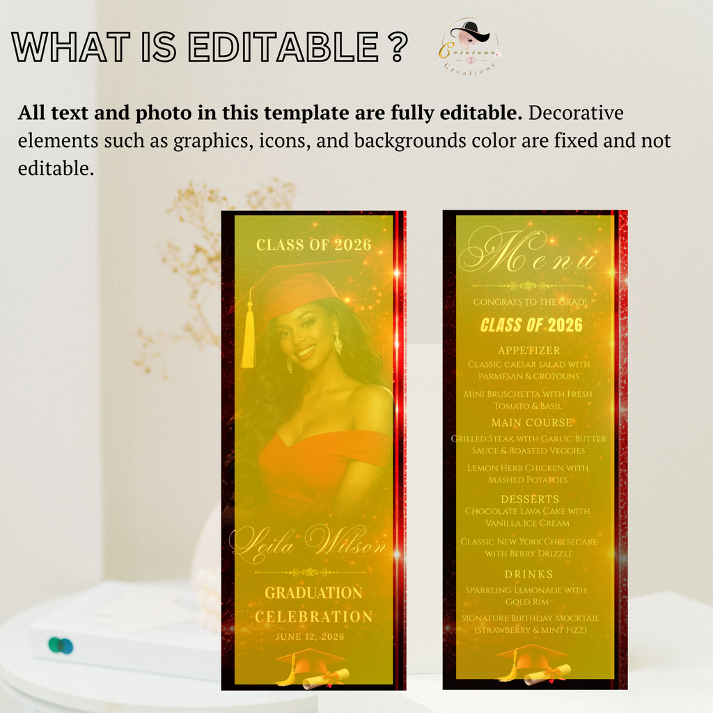 Red Graduation Menu Template with Photo, Class of 2026 Menu Card, Elegant Senior Grad Party Menu for Him and Her, Editable Canva Printable