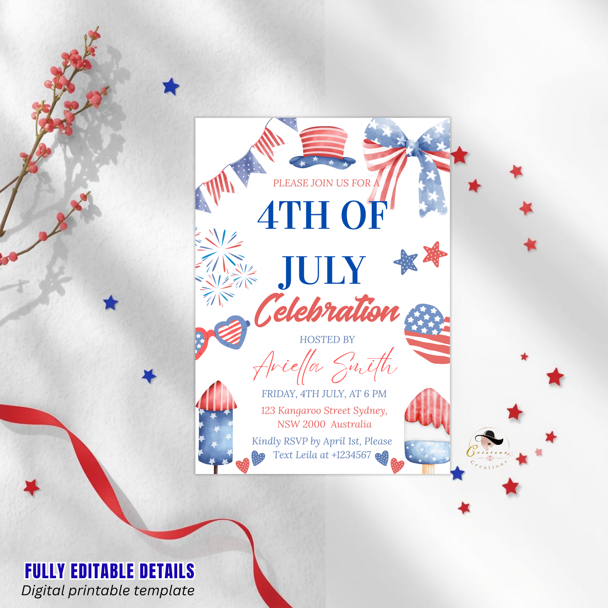 Fourth of July Invitation, 4th of July BBQ Party invite, USA Independence day, Patriotic Invite, Red White Blue, Digital Printable template