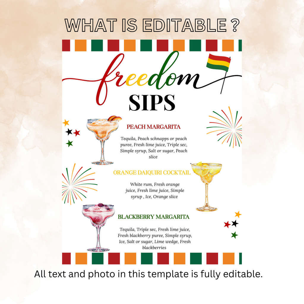 Juneteenth Drink Menu Sign, Emancipation Day Signature Cocktails Bar Menu, June 19th Party Cocktails Sign, Printable Canva Template