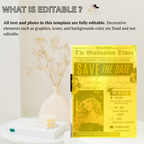 Graduation Save the Date Invitation with Photo, Newspaper Grad Announcement Invite for High School or College, Black Gold Printable Template