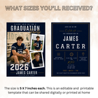 Blue Graduation Announcement Invitation with Photo for Him, Class of 2026 High School College Grad Party Invite, Printable Template