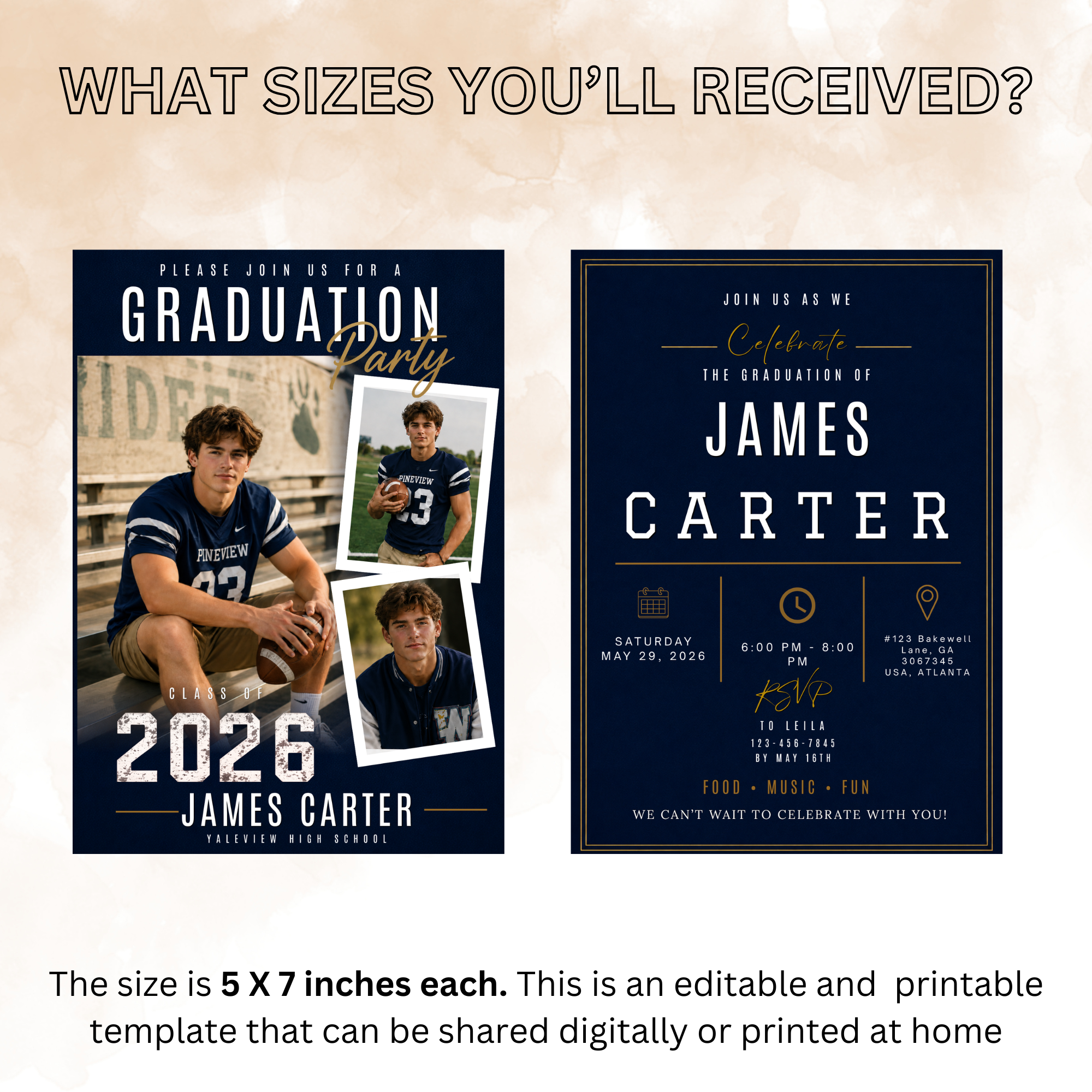 Blue Graduation Announcement Invitation with Photo for Him, Class of 2026 High School College Grad Party Invite, Printable Template