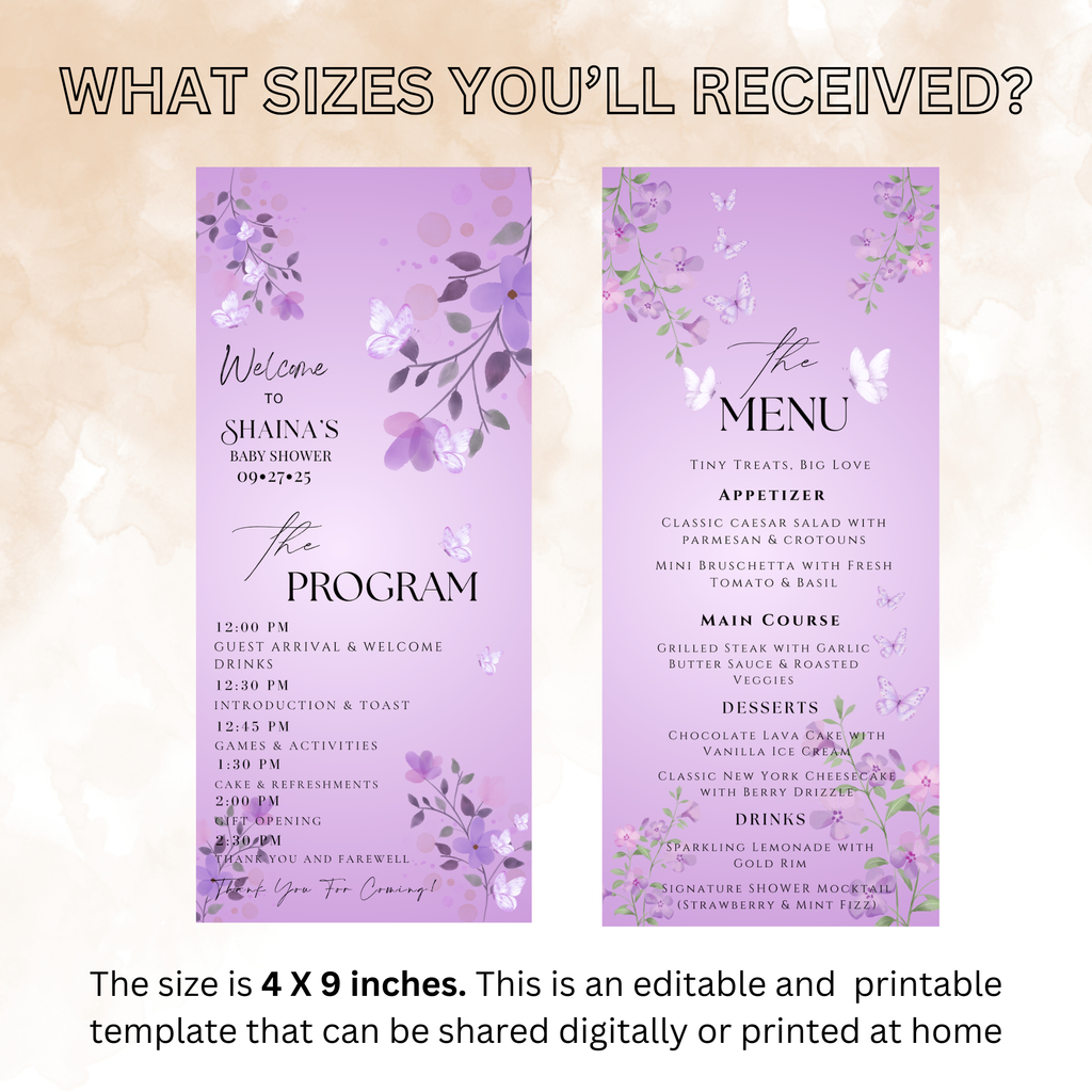 Wildflower Baby Shower Menu and Program Template, Baby In Bloom Menu Card Purple Butterfly Themed, Order Of Events, Canva Printable Template