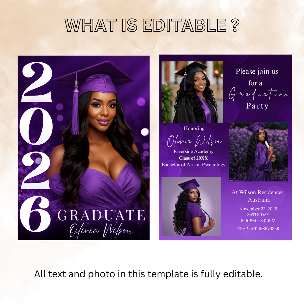 Purple Graduation Invitation with Photo, Class of 2026 Grad Party Announcement Invite for Him and Her, Printable Editable Digital Template