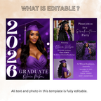 Purple Graduation Invitation with Photo, Class of 2026 Grad Party Announcement Invite for Him and Her, Printable Editable Digital Template