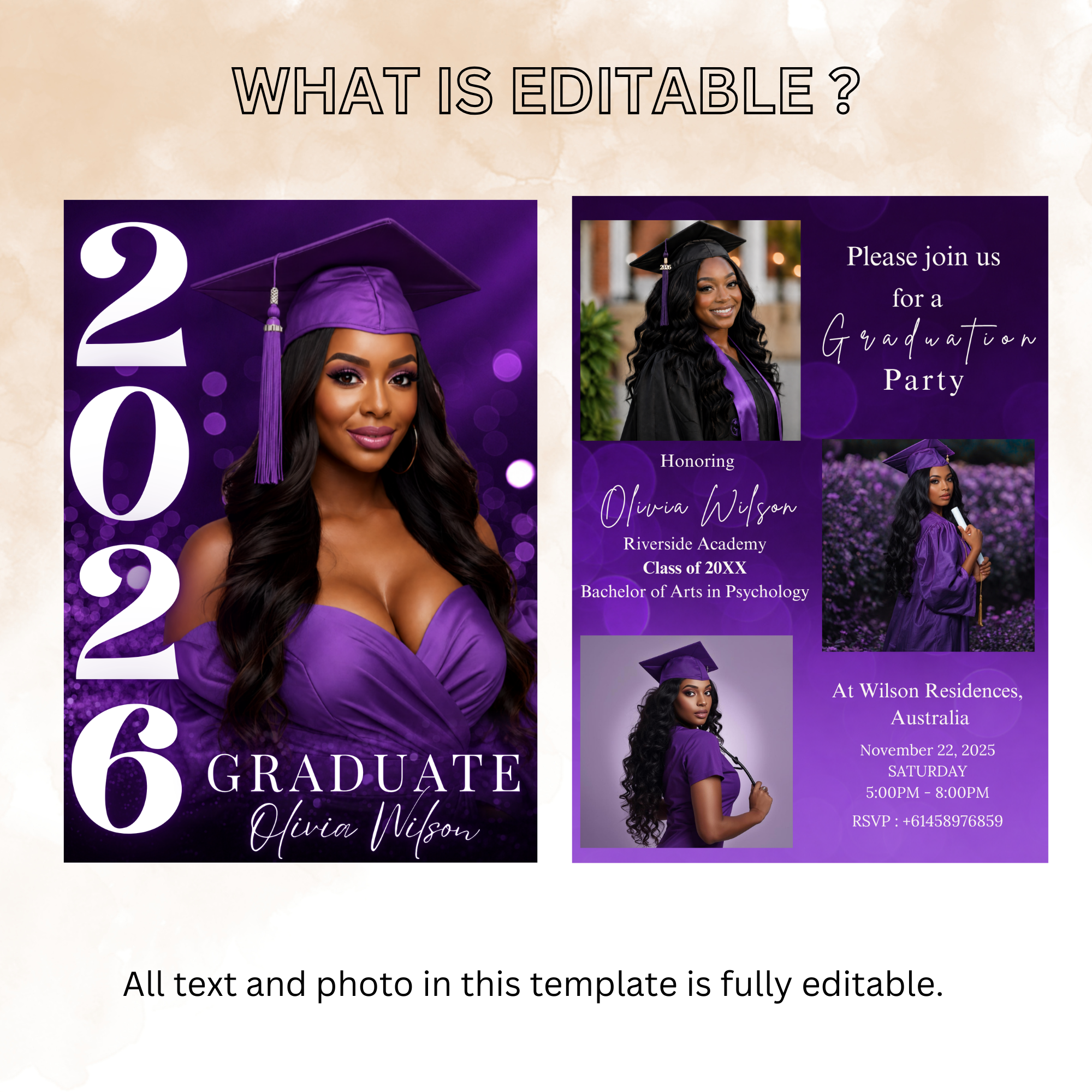 Purple Graduation Invitation with Photo, Class of 2026 Grad Party Announcement Invite for Him and Her, Printable Editable Digital Template