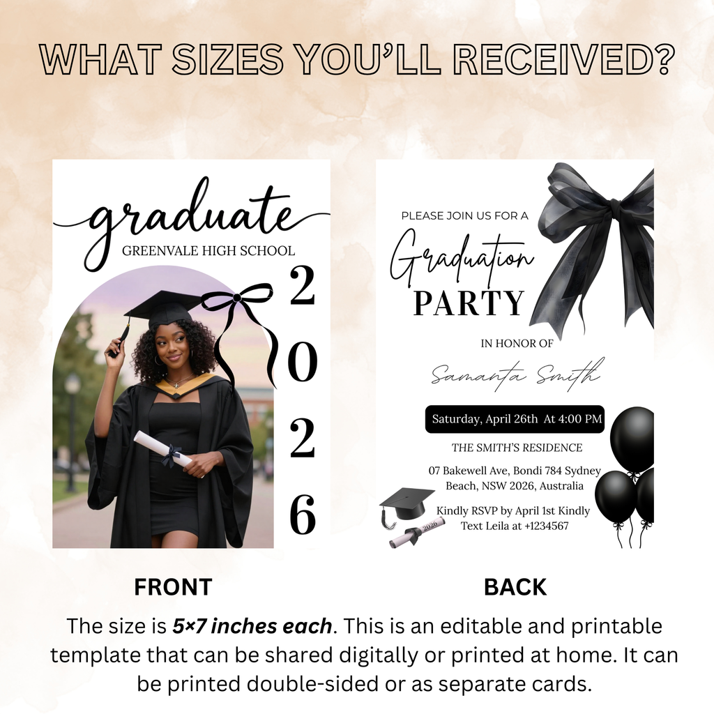 Coquette Graduation Invitation 2026, Woman Senior Grad Party Announcement with photo invite, Bow Theme College Graduates Printable Template