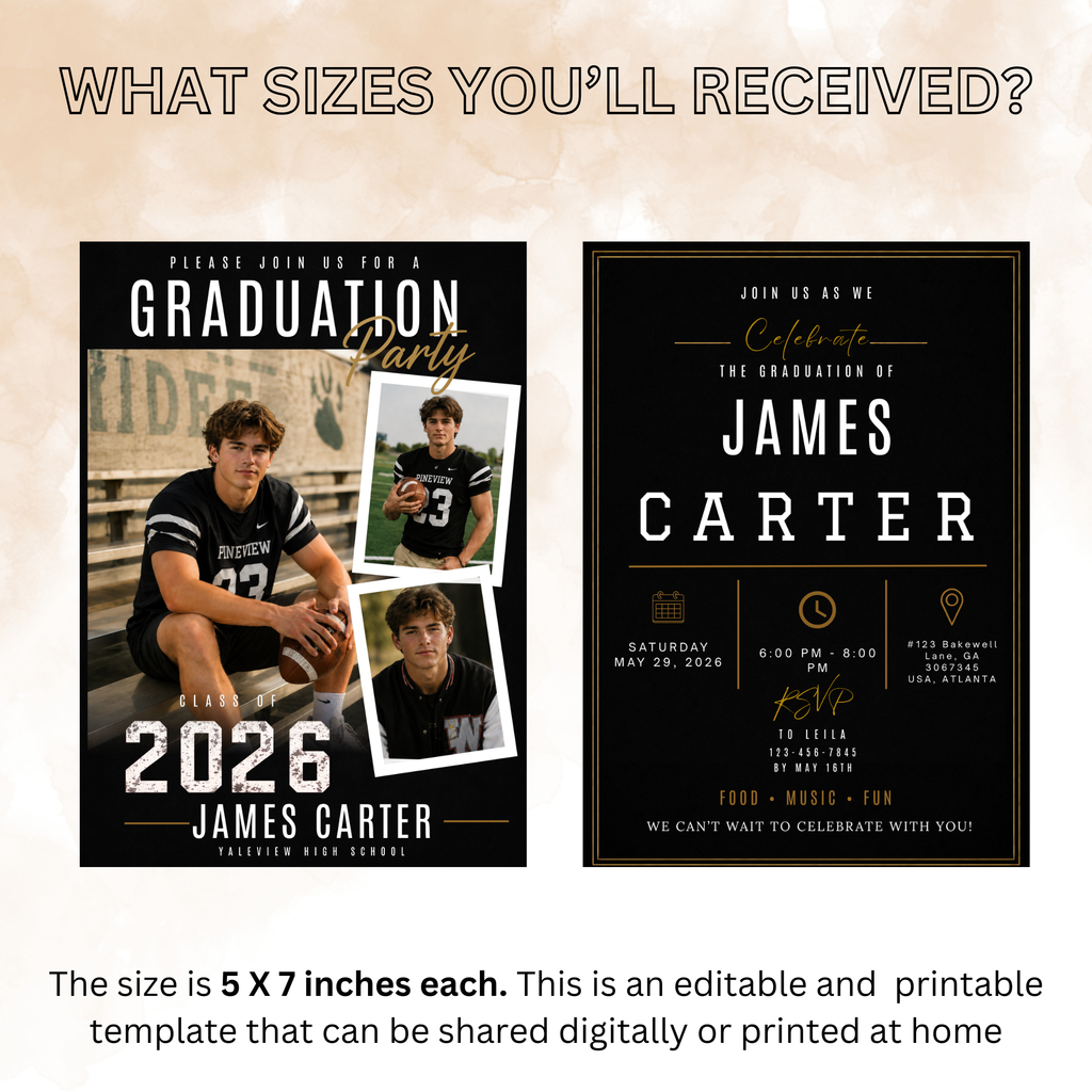 Graduation Invitation with Photo for Him, Class of 2026 Grad Announcement, High School College Grad Party, Black Printable Editable Template