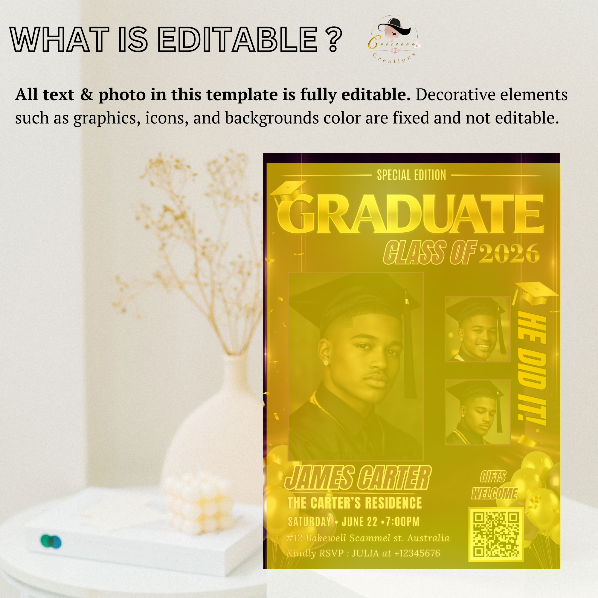 Purple Graduation Invitation, Boy Senior Grad Party with photos invite, Male College High school Graduates Announcement Card Flyer Template