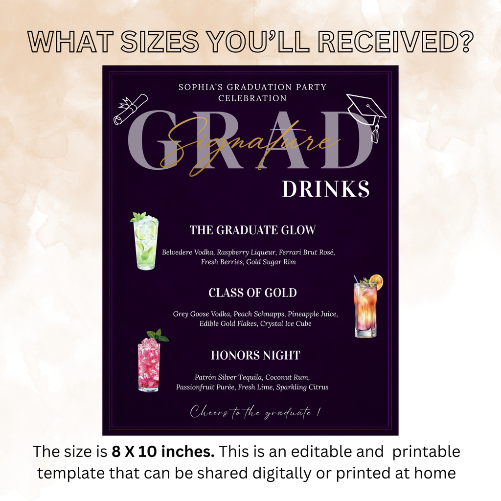 Purple Graduation Signature Drinks Sign, Senior Grad Bar Menu Template, Boy Girl Class of 2026 Printable Drink Menu for High School College
