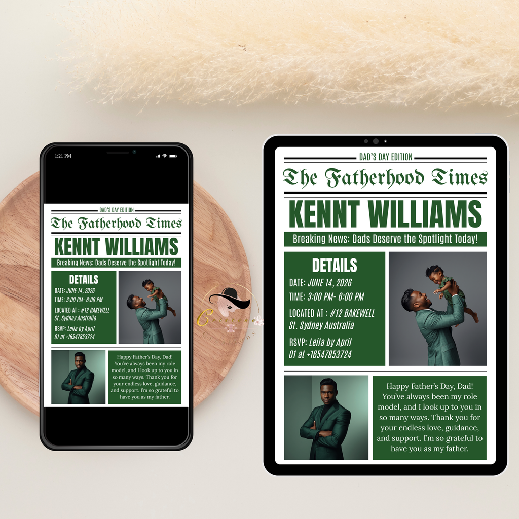 Fathers Day Newspaper Invitation with Photo, Dad Celebration Party Invite, Brunch or Dinner Invite, Flyer Card, Editable Canva Template