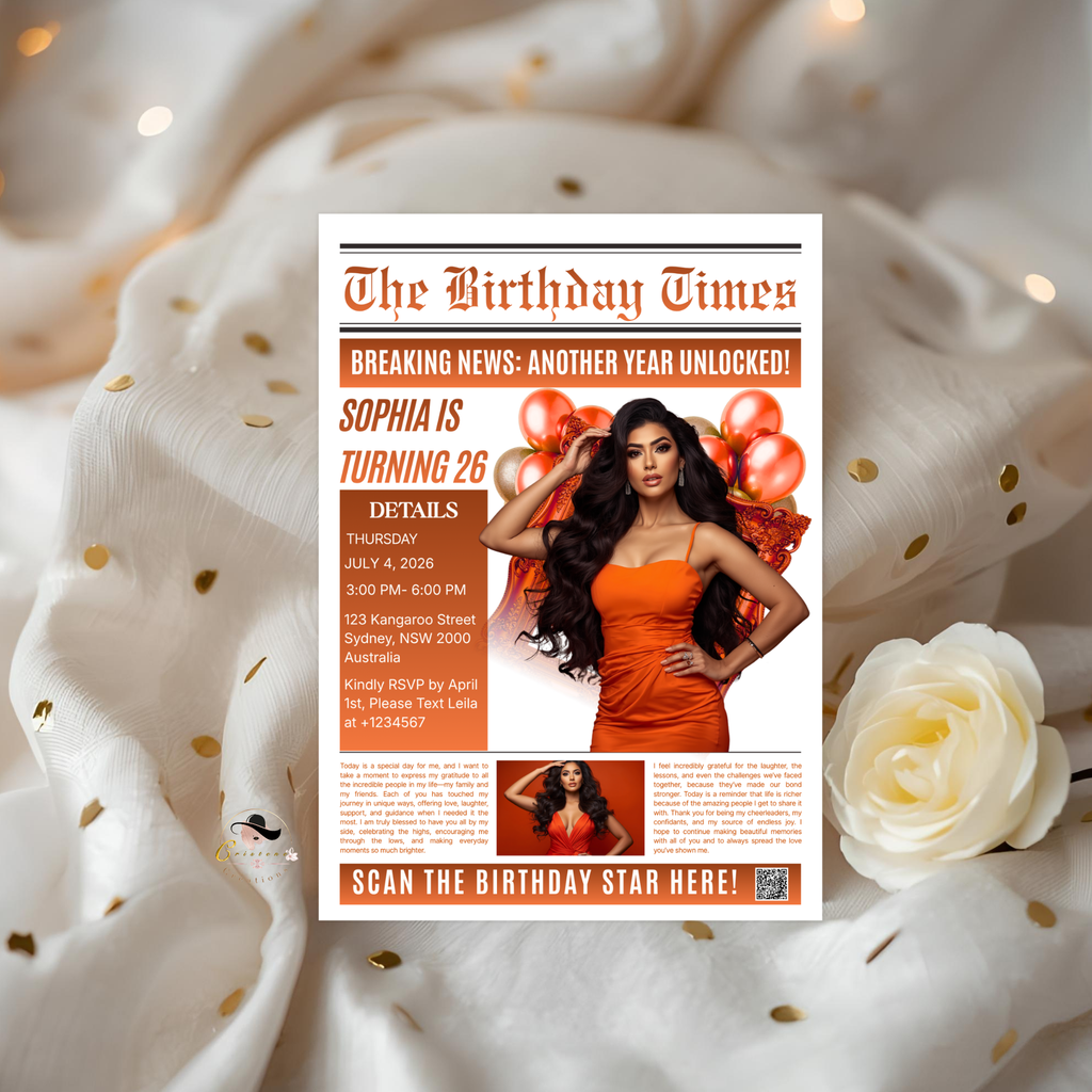 Orange Birthday Newspaper Invitation with Photo, Elegant Woman Dinner Party & Brunch Celebration Invite, Editable Canva Template