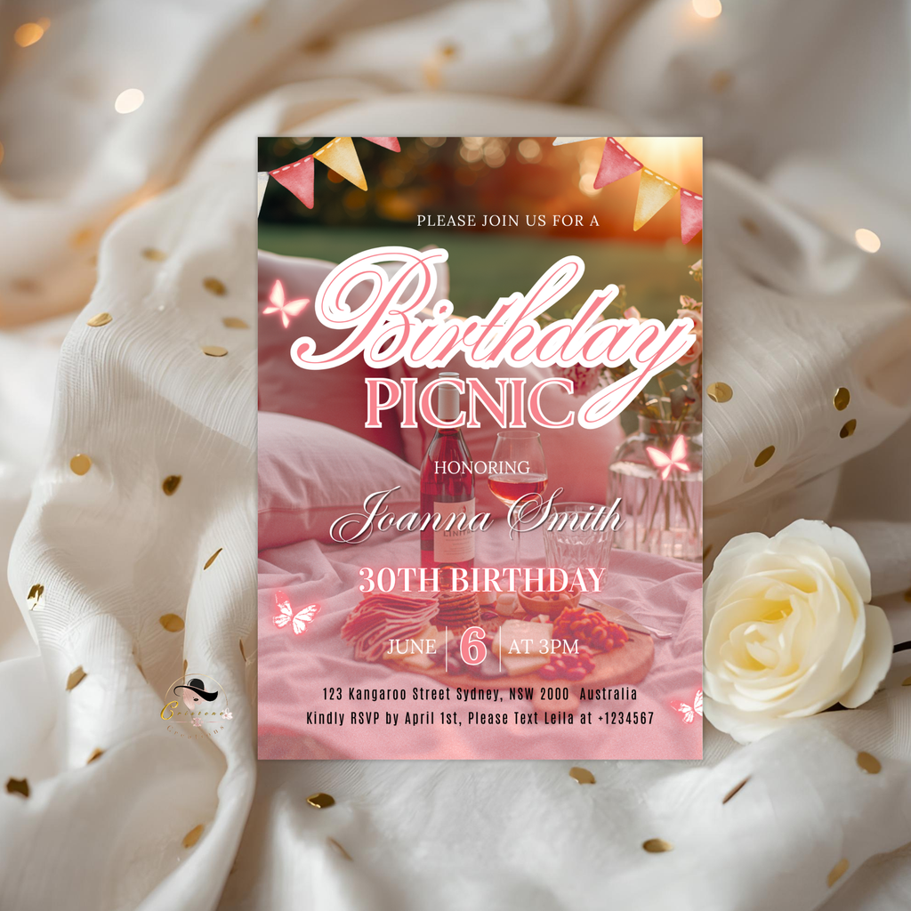 Birthday Picnic Invitation with Photo, Pink Summer Milestone Birthday Party Invite, Girl Picnic at the park Invite, Printable Canva Template