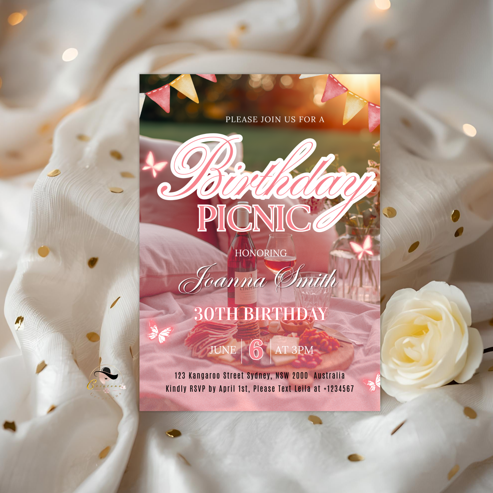 Birthday Picnic Invitation with Photo, Pink Summer Milestone Birthday Party Invite, Girl Picnic at the park Invite, Printable Canva Template