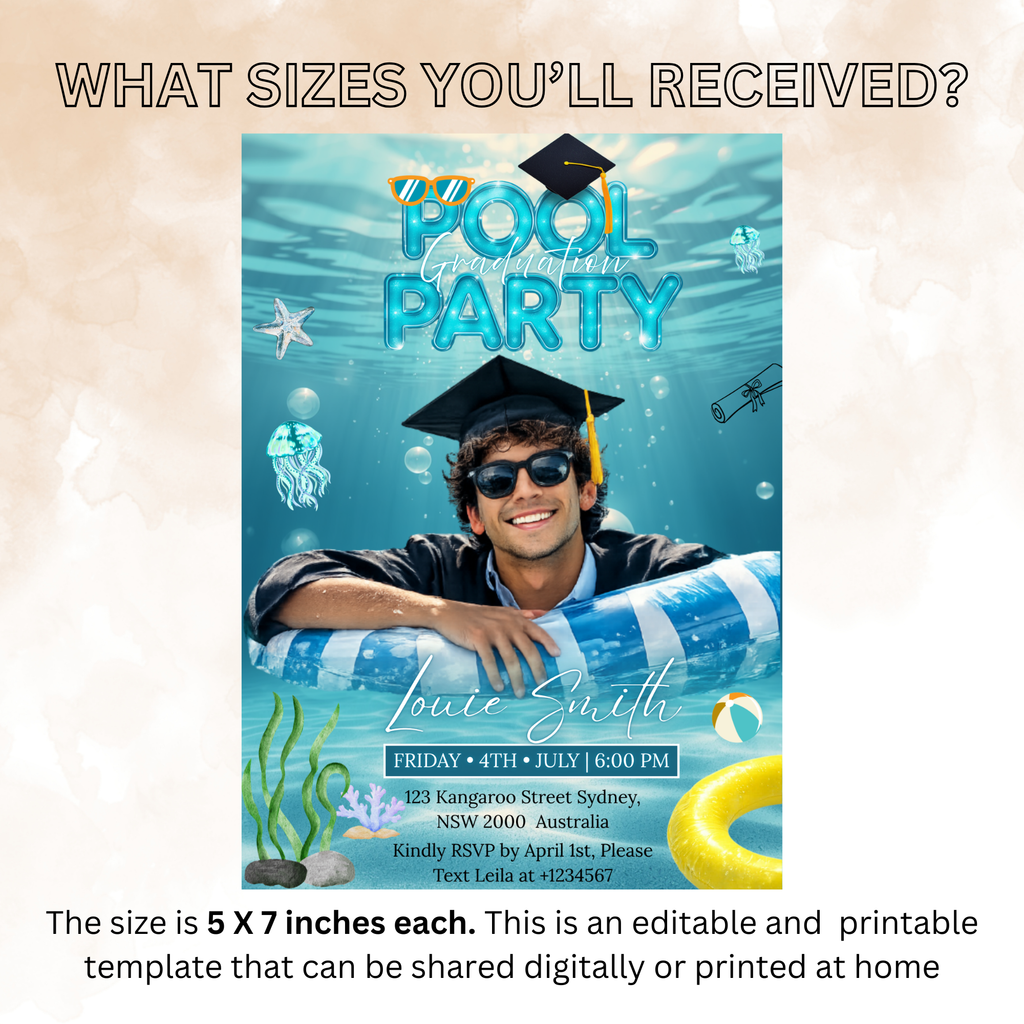 Pool Party Graduation Invitation with Photo, Summer Tropical Senior Grad Party Invite for Him and Her, Printable Editable Digital Template