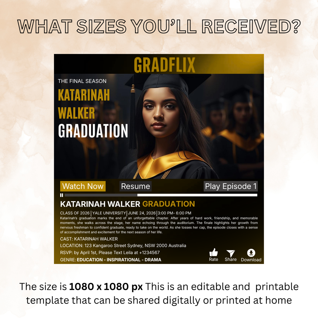 Movie Theme Graduation Invitation with Photo for Him and Her, Black Gold Streaming High School College Grad Party Invite, Printable Template