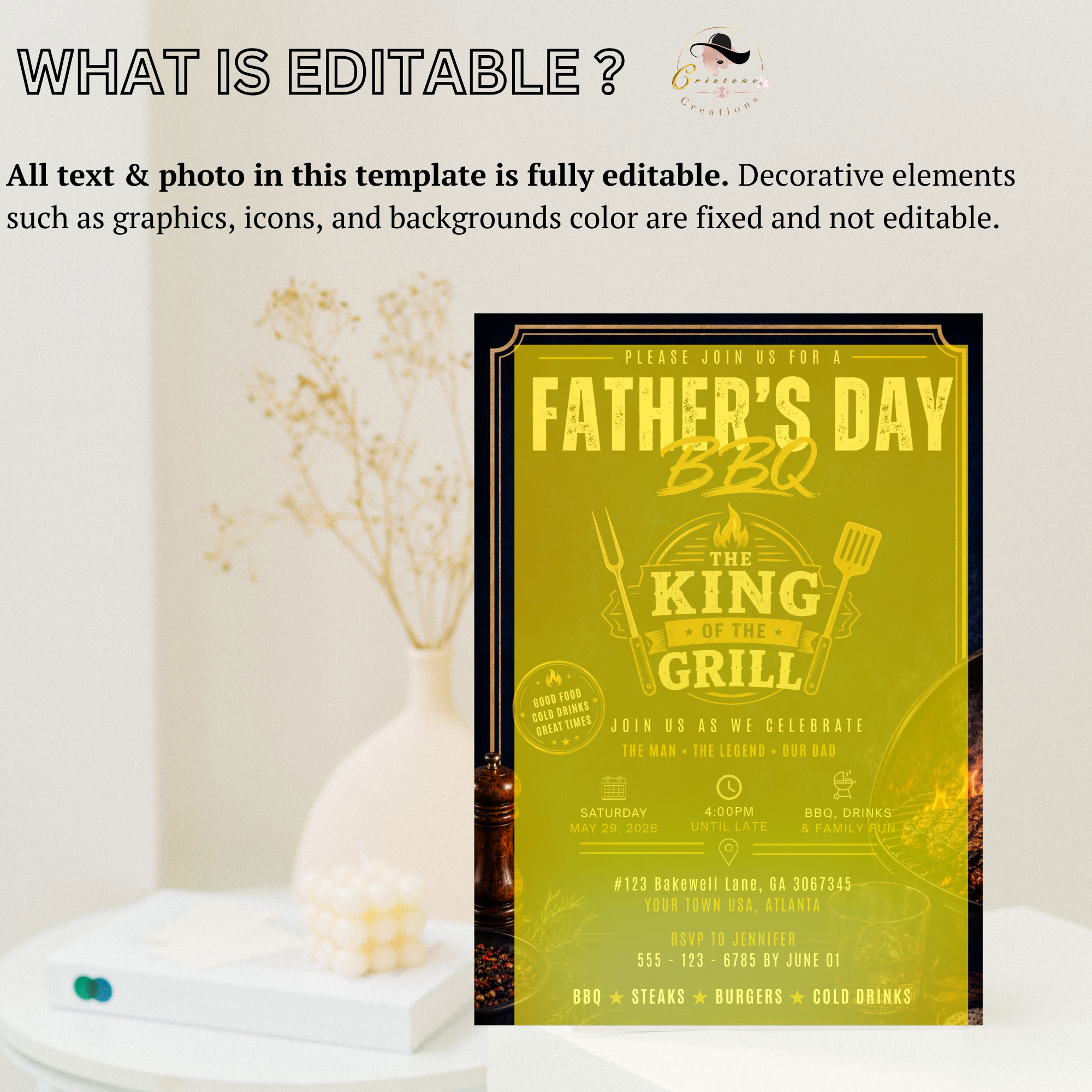 Father’s Day BBQ Party Invitation, Dad Barbecue Cookout Invite, Summer Grill Party Invite, Blue Editable Canva Printable Digital Template