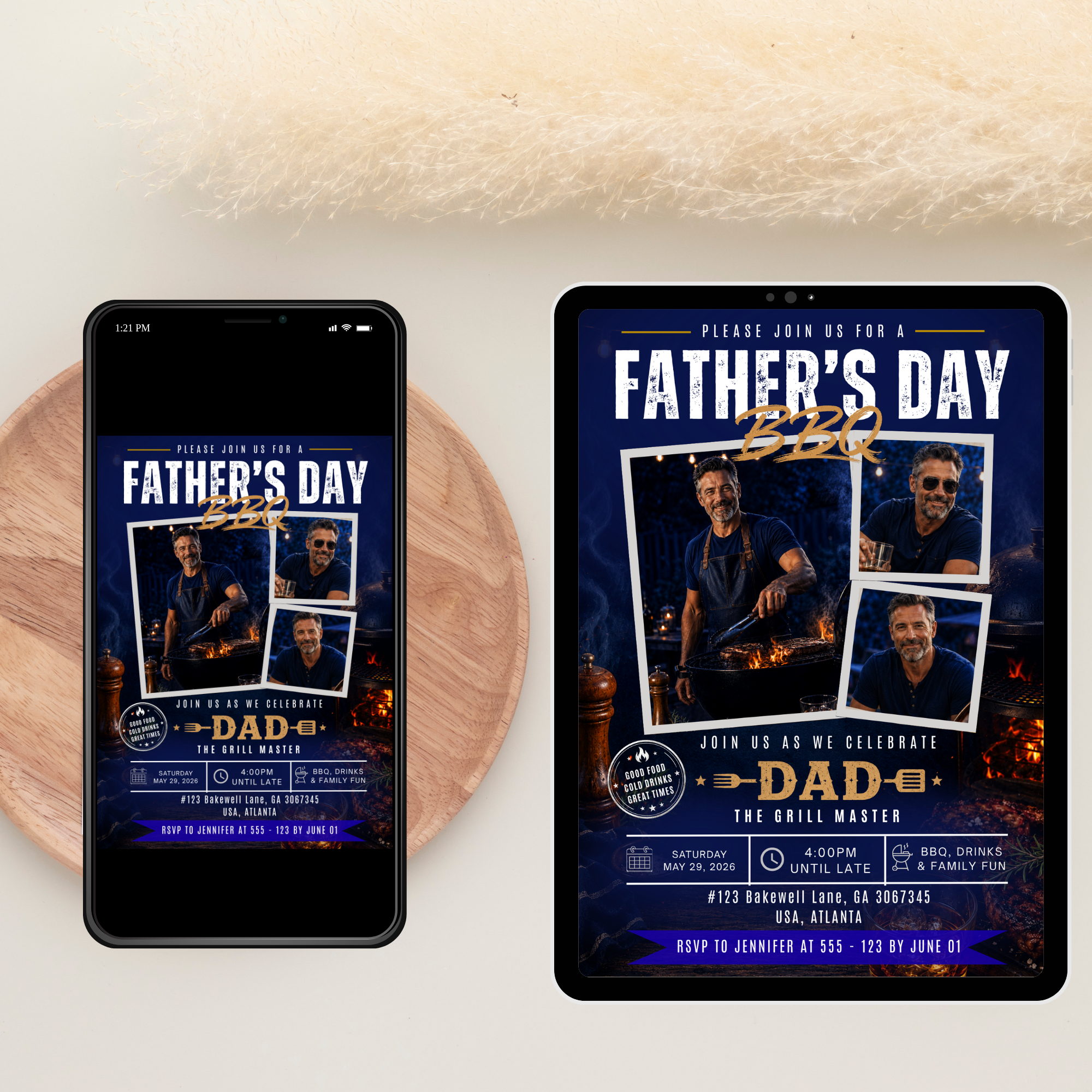 Blue Father’s Day Barbecue Invitation with Photo, Grill Party Invite for Dad, Summer BBQ Cookout Invite, Editable Printable Canva Template
