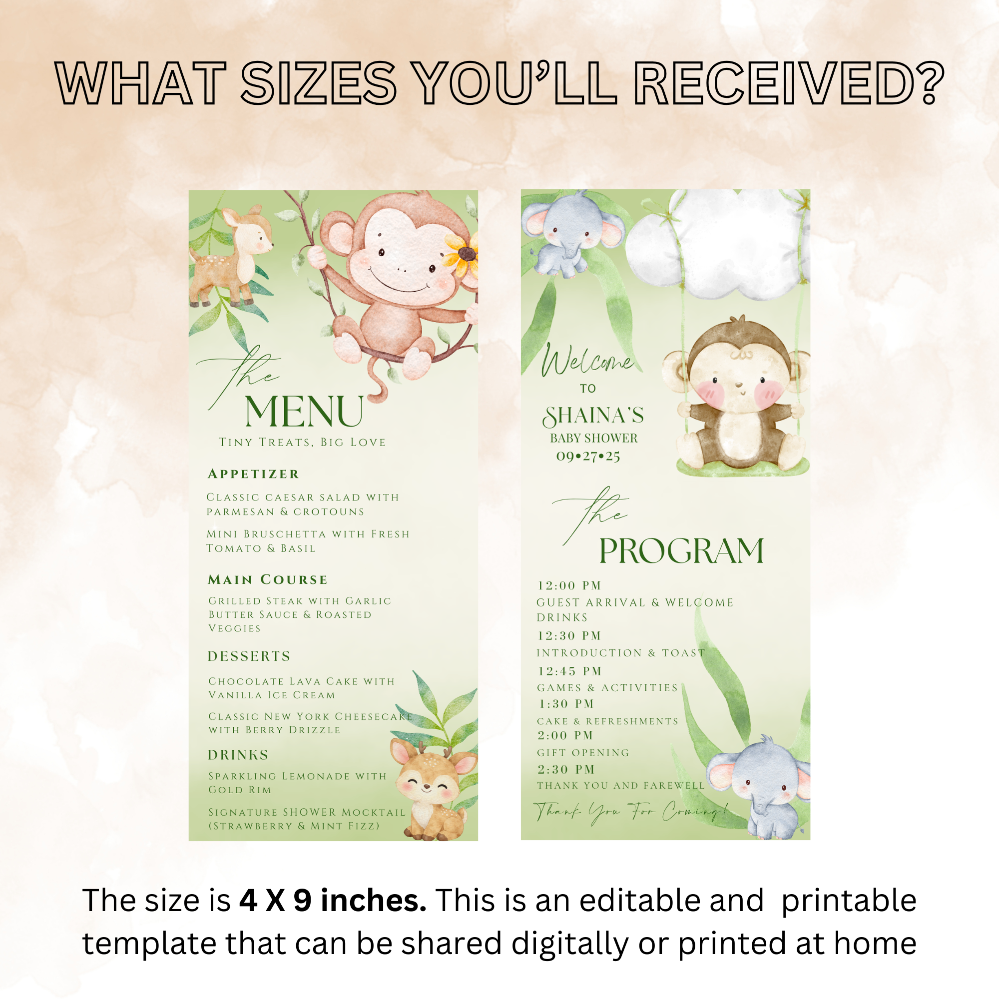 Safari Baby Shower Menu and Program Template, Jungle Animals Zoo Theme, Order of Events, Menu Card Editable Canva Digital Printable
