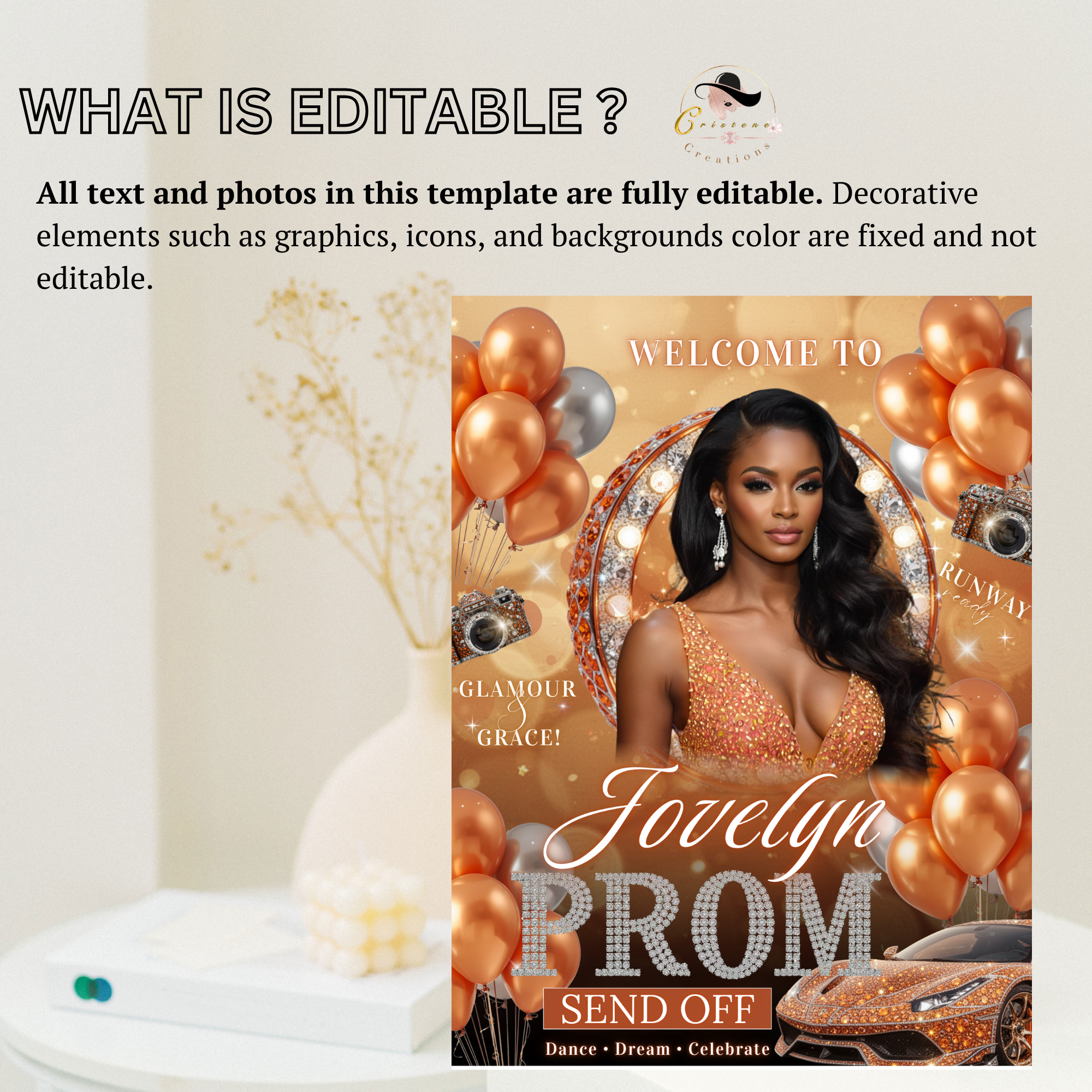Orange Prom Send Off Welcome Party Sign, Prom Queen Poster Sign with photo, Elegant Party Board Sign, Senior Junior Night Printable Template