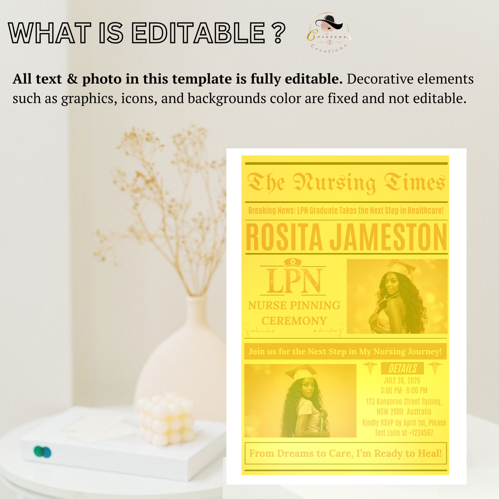 LPN Graduation Invitation Newspaper Style with Photo, Pink Nurse Pinning Ceremony Invite, Nursing Flyer Invite, Editable Canva Template