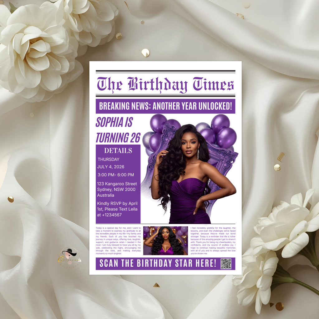 Purple Newspaper Birthday Invitation with Photo, Woman Birthday Dinner & Brunch Party Invite, Adult Celebration Editable Canva Template