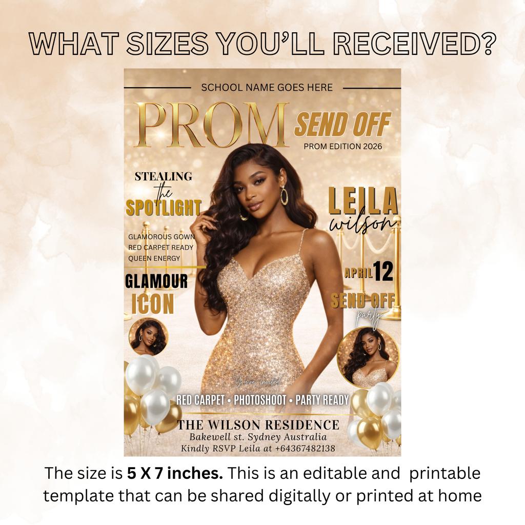 White Gold Prom Send Off Party Invitation, Prom Queen with photo invite, Girls Prom Night Flyer, Magazine Cover, Digital Printable Template
