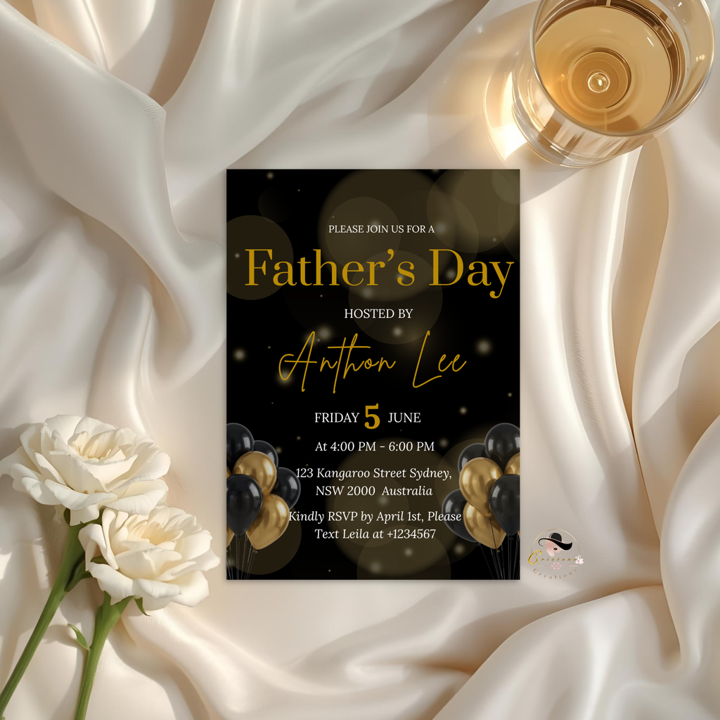 Editable Fathers Day Invitation with Photo, Black Gold Suit and Tie Dad Brunch or Dinner Invite, Canva Printable Digital Template
