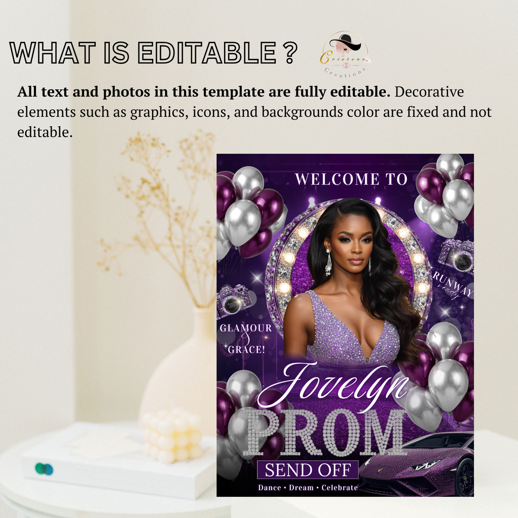 Purple Silver Prom Send Off Welcome Party Sign, Prom Queen Poster Sign with photo Entrance Board Sign Senior Junior Night Printable Template