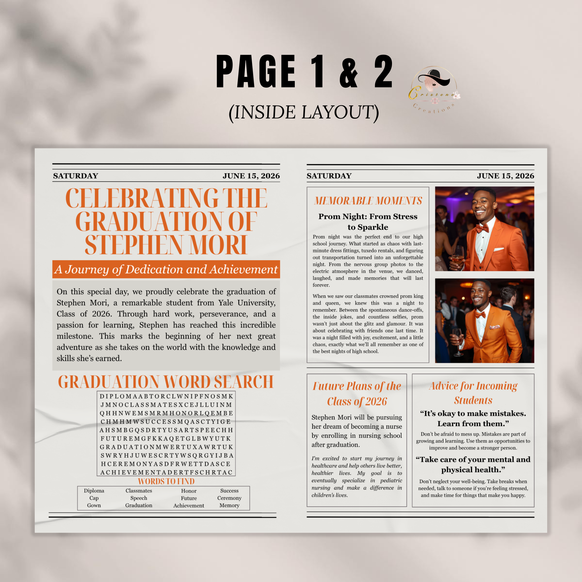 Orange Graduation Announcement Newspaper Template with Photo, Class of 2026 Grad Party for Boys and Girls, Editable Canva Digital Printable