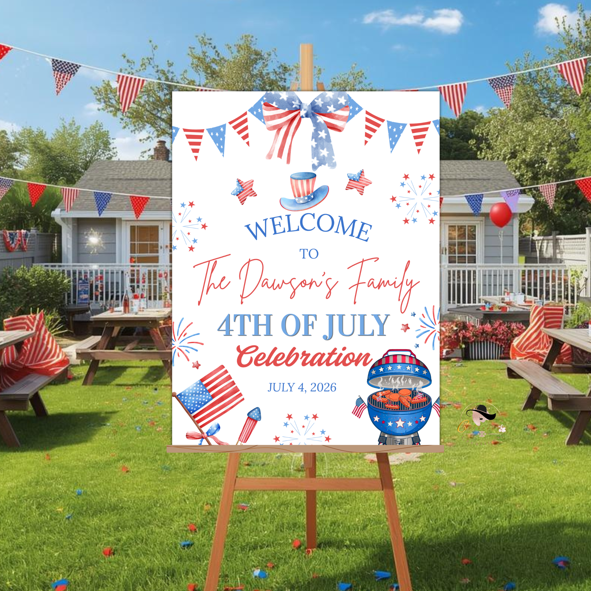 Fourth of July BBQ Welcome Party Sign, 4th of July Sign, USA Independence day, Patriotic Poster Sign, Red White Blue, Digital template