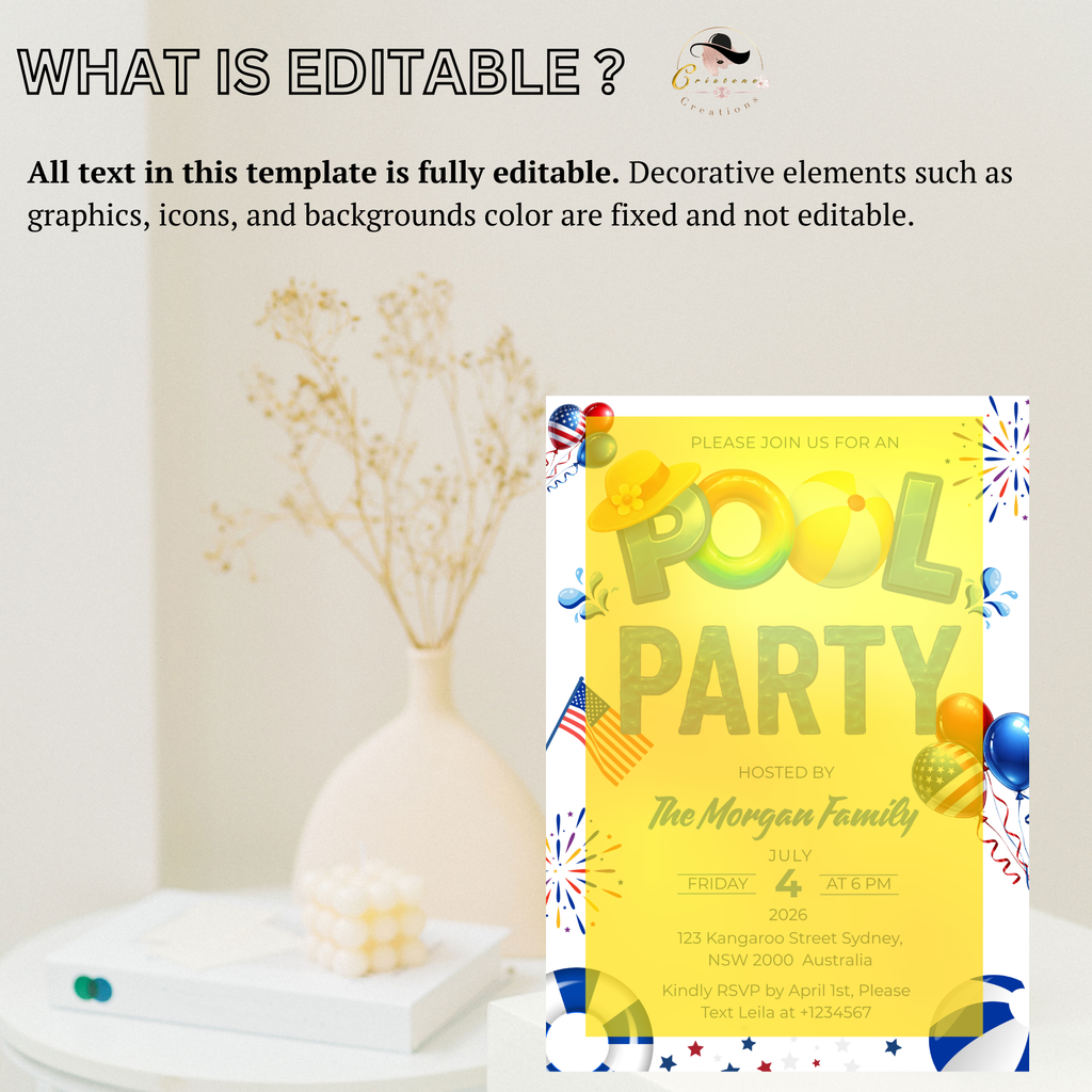 4th of July Pool Party Invitation, Independence Day BBQ Cookout Invite, Summer Pool Party, Fourth of July, Patriotic Editable Canva Template