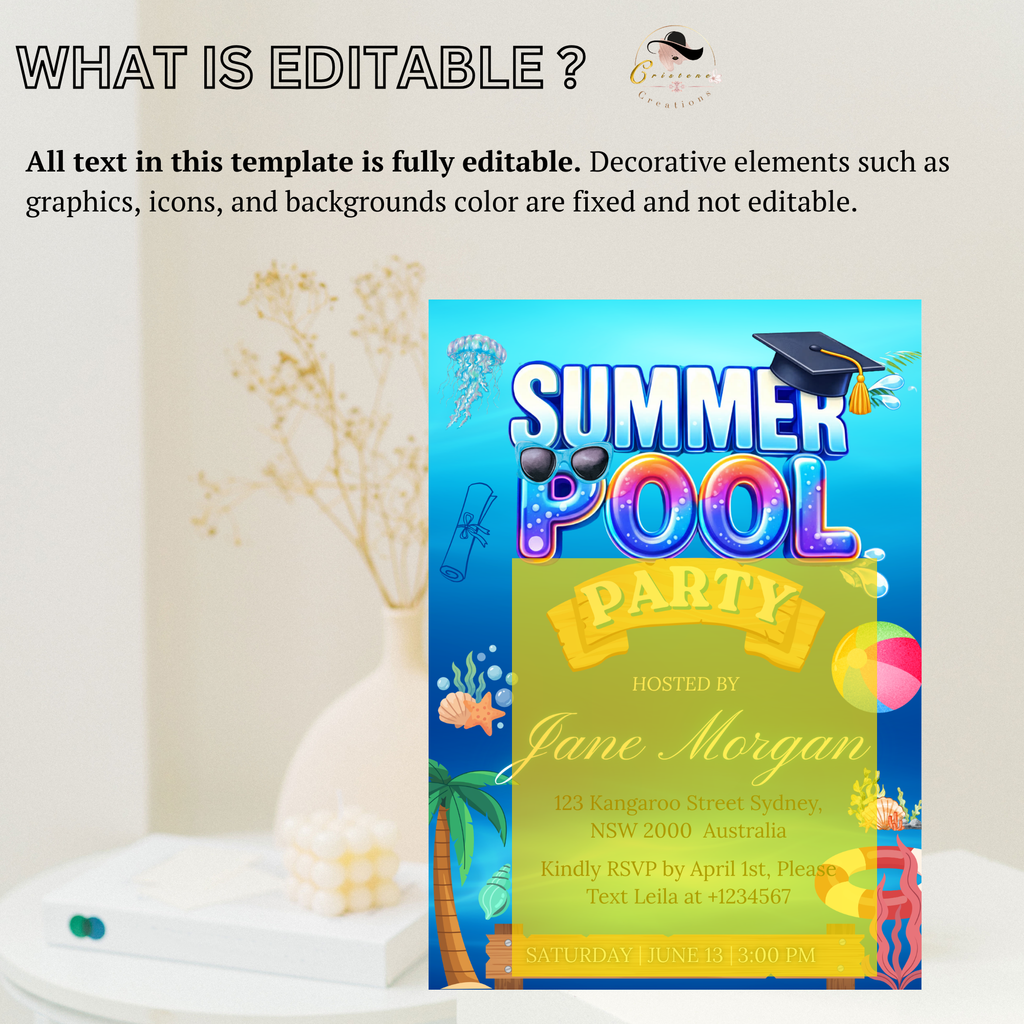 Graduation Pool Party Invitation, Senior Grad Party Invite for Him and Her, College Graduates Announcement, Editable Canva Digital Template