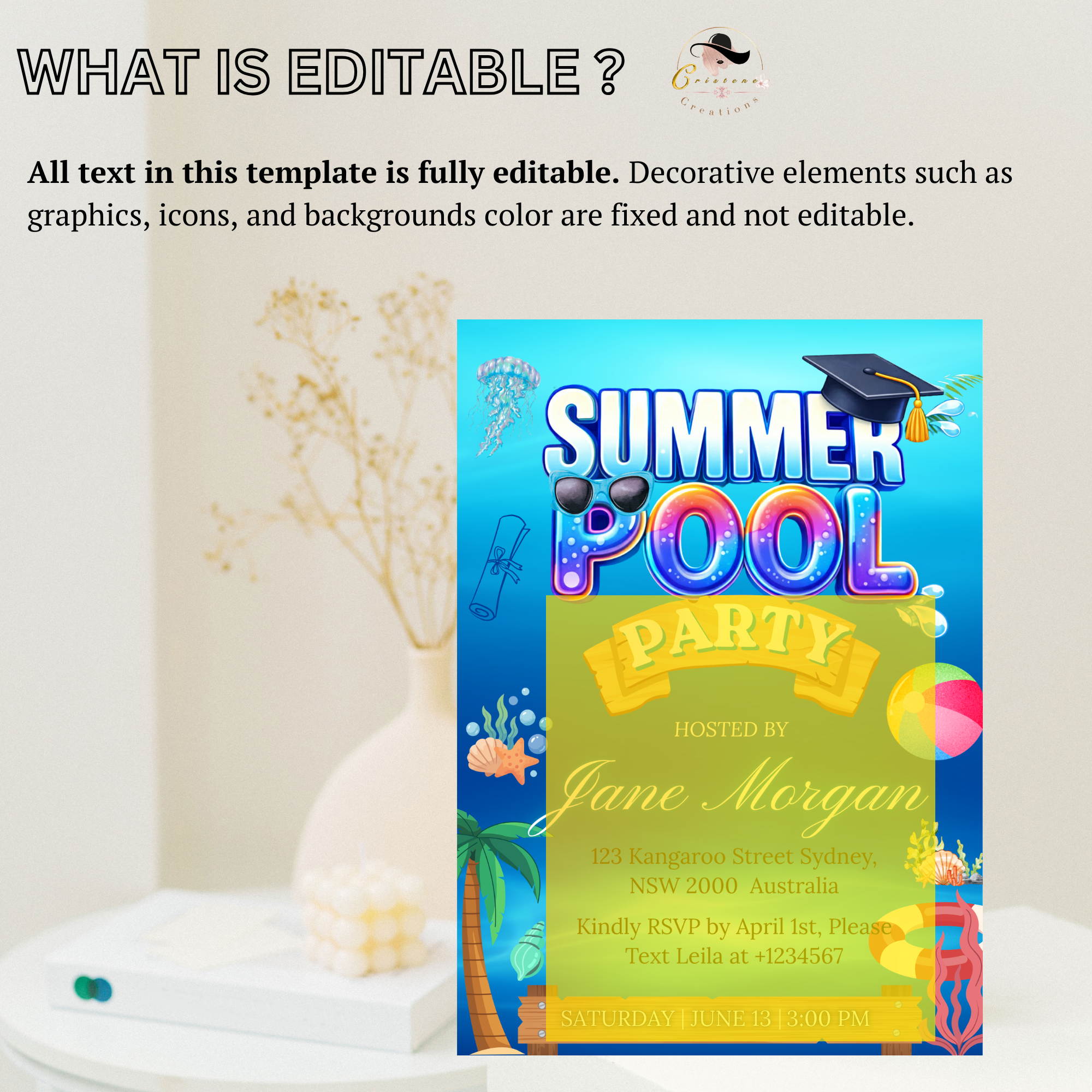 Graduation Pool Party Invitation, Senior Grad Party Invite for Him and Her, College Graduates Announcement, Editable Canva Digital Template