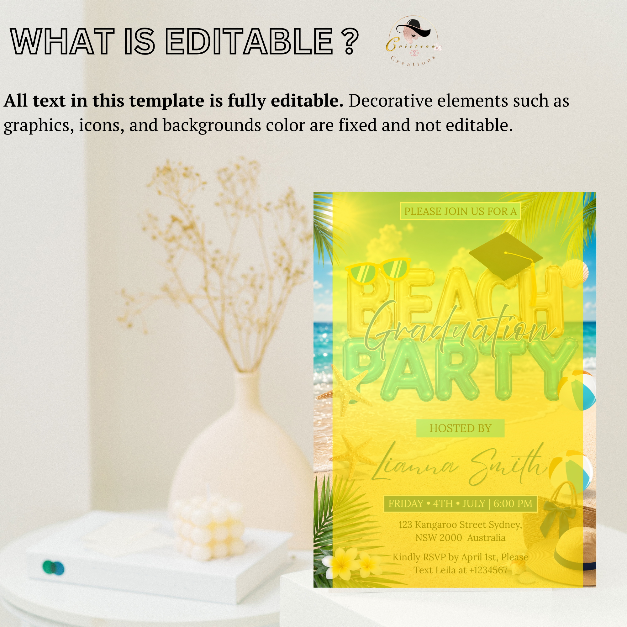 Graduation Beach Party Invitation, High School College Summer Tropical Grad Invite for Him and Her, Printable Editable Canva Template