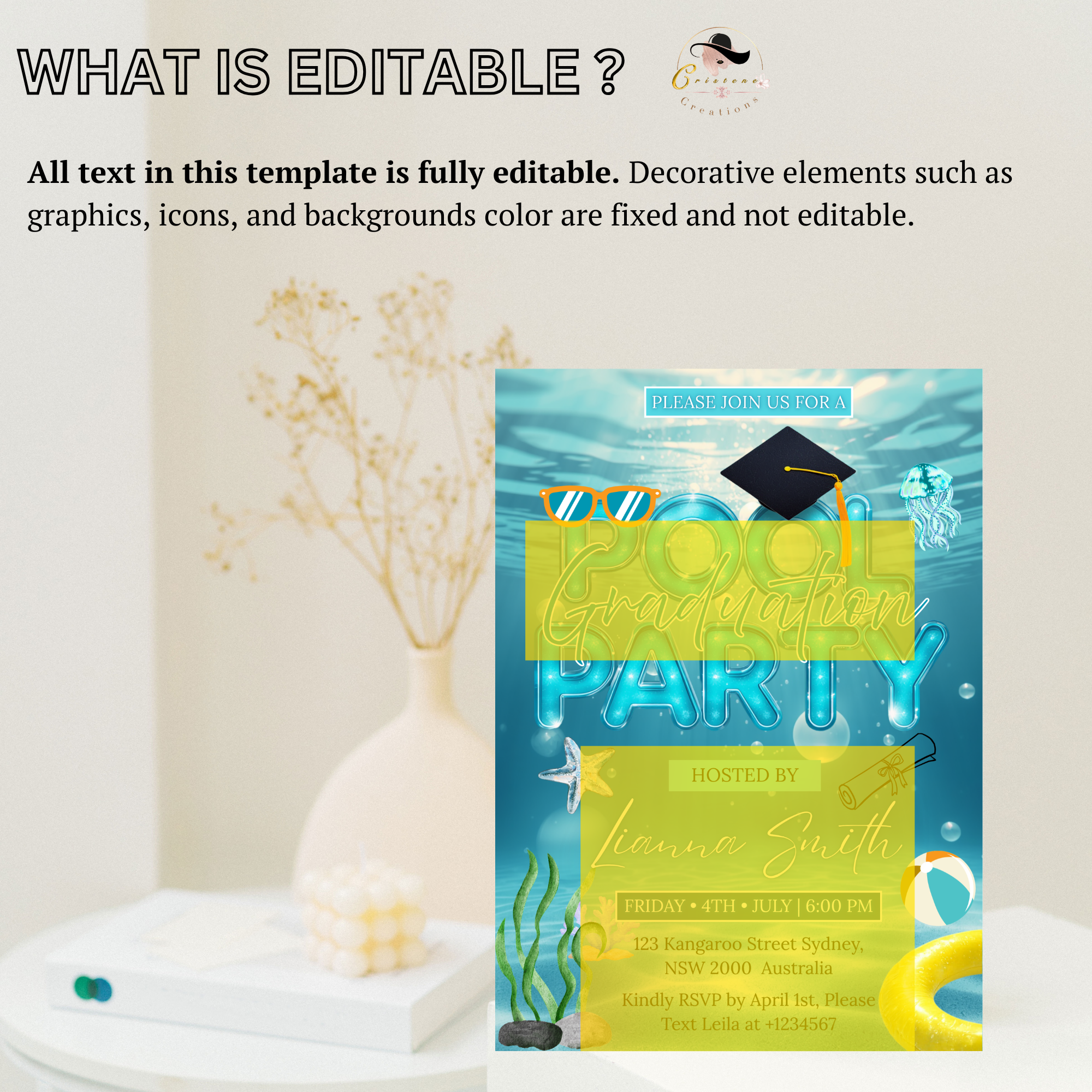 Graduation Pool Party Invitation, Senior High School College Grad Announcement Party Invite for Him and Her, Editable Canva Template