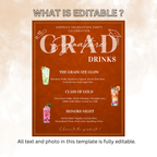 Orange Graduation Drink Menu Sign, Signature Drinks Bar Menu, Senior Grad Party Soda Bar Menu for High School College, Printable Template