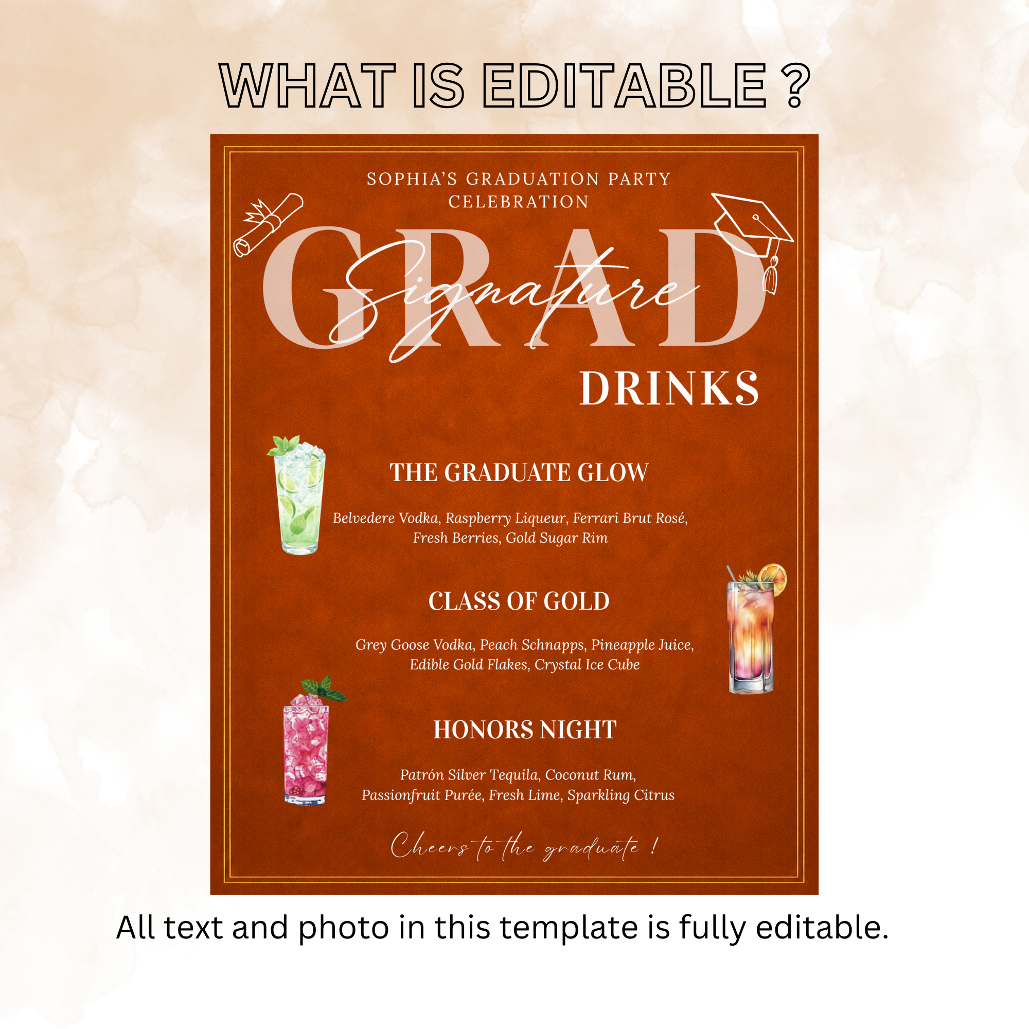 Orange Graduation Drink Menu Sign, Signature Drinks Bar Menu, Senior Grad Party Soda Bar Menu for High School College, Printable Template