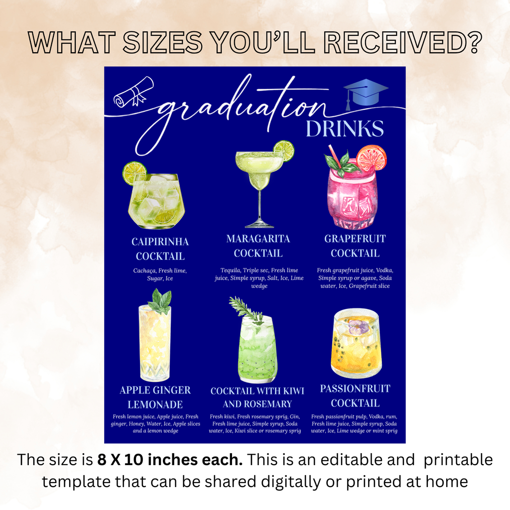 Blue Graduation Drink Sign Template, Signature Drinks Menu, Class of 2026 Bar Menu, Grad Drink Station, Editable Canva Digital Printable