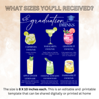 Blue Graduation Drink Sign Template, Signature Drinks Menu, Class of 2026 Bar Menu, Grad Drink Station, Editable Canva Digital Printable