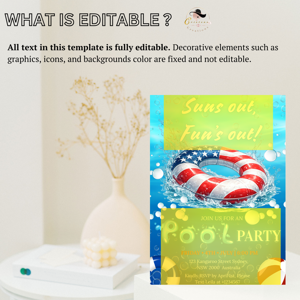 4th of July Pool Party Invitation, Summer BBQ Cookout Invite, USA Independence Day Party, Patriotic Invite, Canva Digital Printable Template