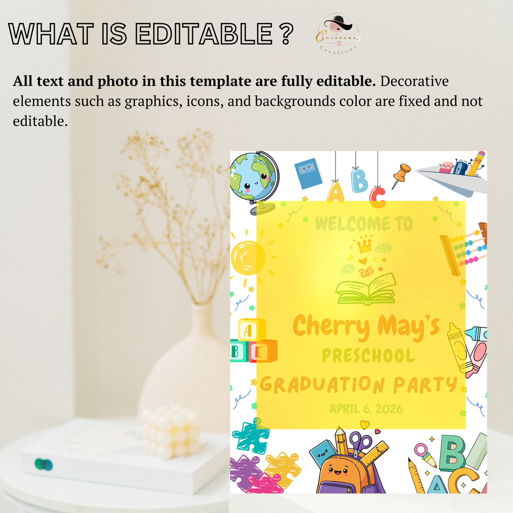 Preschool Graduation Welcome Sign, Pre-K Kindergarten Class of 2026 Party Poster Sign, Colorful Kids Grad, Editable Canva Printable Template
